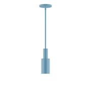Light blue stem-hung pendant with cylindrical shade and round ceiling canopy
