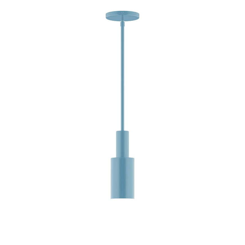 Light blue LED stem-hung pendant with cylindrical shade and round ceiling canopy