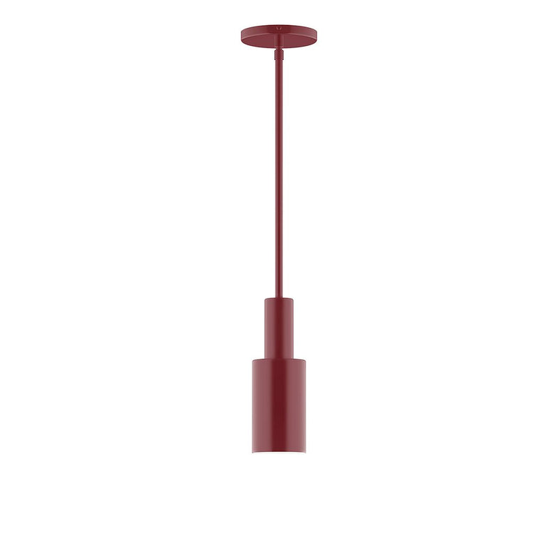 Barn red stem-hung pendant with cylindrical shade and ceiling canopy