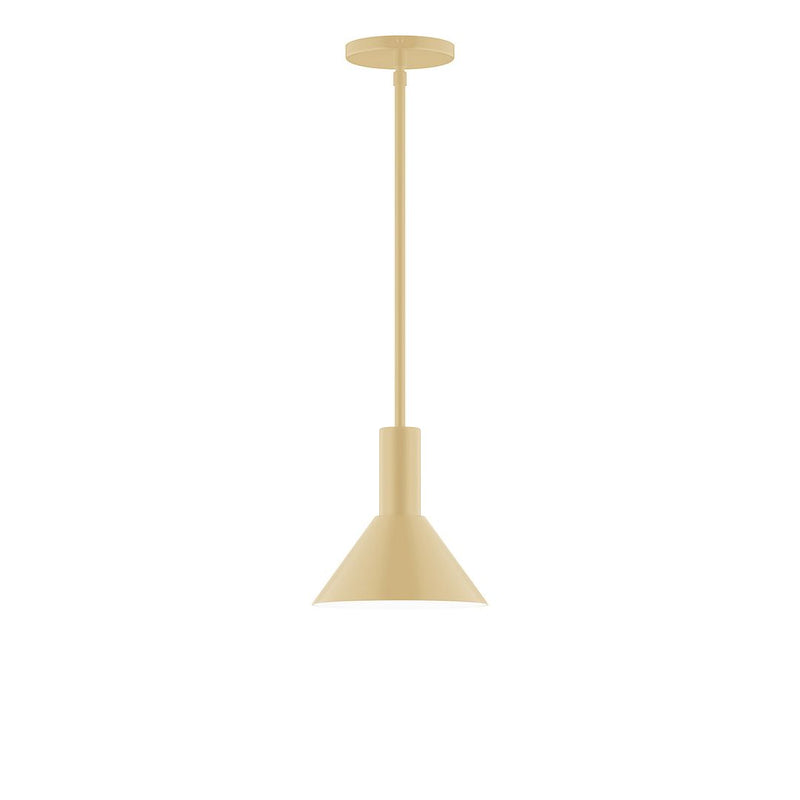 Ivory stem-hung pendant light with bell shade and round ceiling canopy