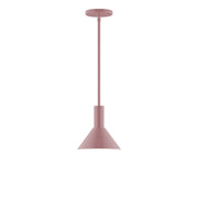 Mauve stem-hung pendant light with bell-shaped shade and flat ceiling canopy.