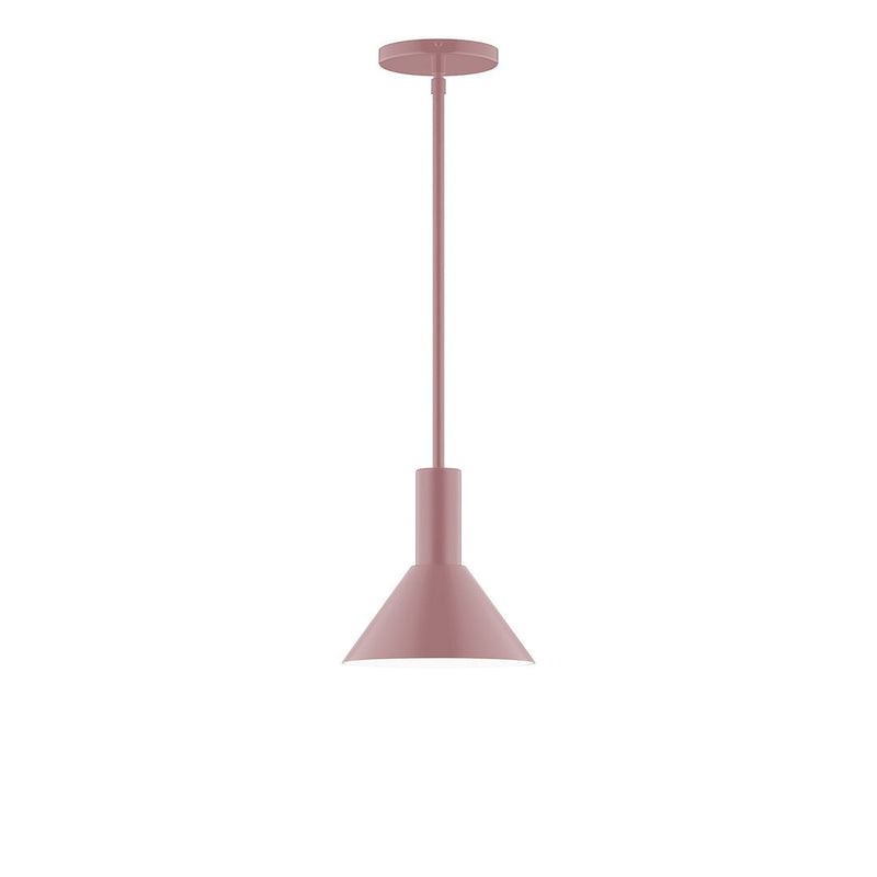 Mauve stem-hung pendant light with bell-shaped shade and flat ceiling canopy.