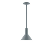 Slate gray stem-hung pendant with wide bell shade and round ceiling canopy