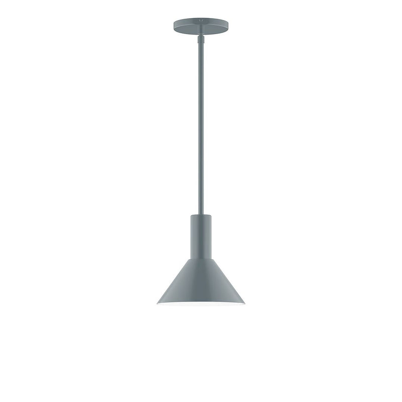 Slate gray stem-hung pendant with wide bell shade and round ceiling canopy