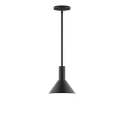 Black stem-hung pendant light with tapered bell shade and long vertical stem