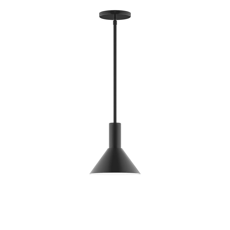Black stem-hung pendant light with tapered bell shade and long vertical stem