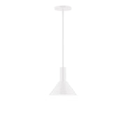 White stem-hung pendant light with bell-shaped shade and straight cord