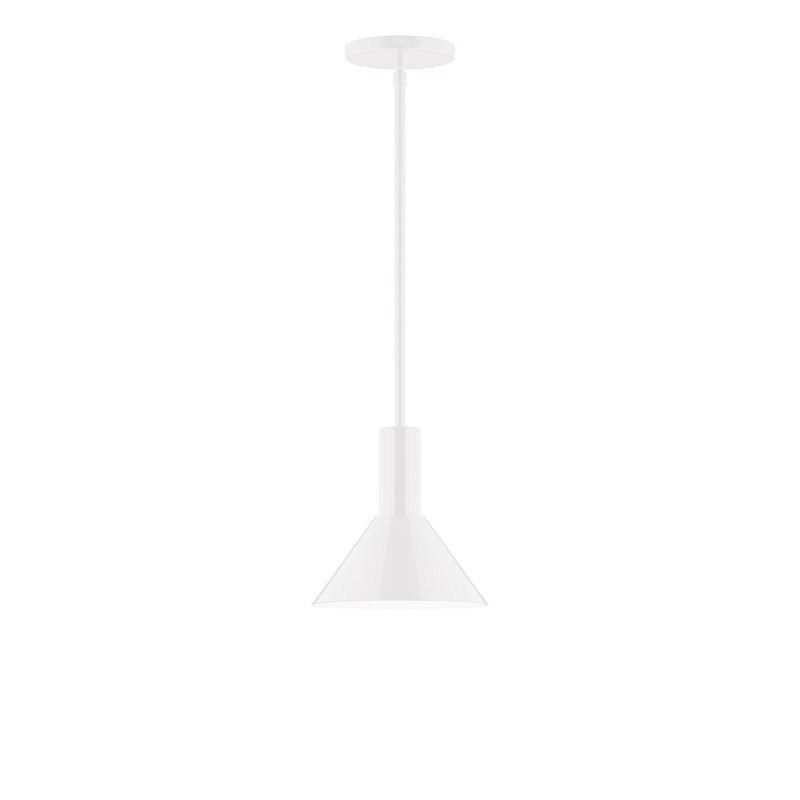 White stem-hung pendant light with bell-shaped shade and straight cord
