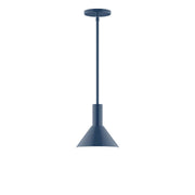 Navy stem-hung pendant light with flared cone shade and round ceiling canopy.