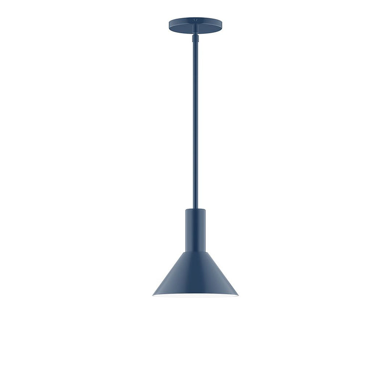 Navy stem-hung pendant light with flared cone shade and round ceiling canopy.