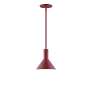 Barn red LED stem-hung pendant with tapered shade and ceiling canopy.