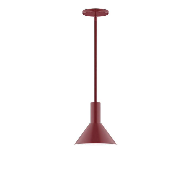 Barn red LED stem-hung pendant with tapered shade and ceiling canopy.