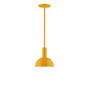 Bright yellow stem-hung pendant with domed shade and round ceiling canopy.
