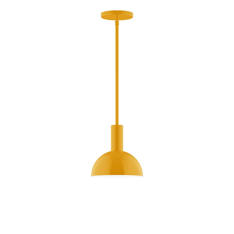 Bright yellow stem-hung pendant with domed shade and round ceiling canopy.