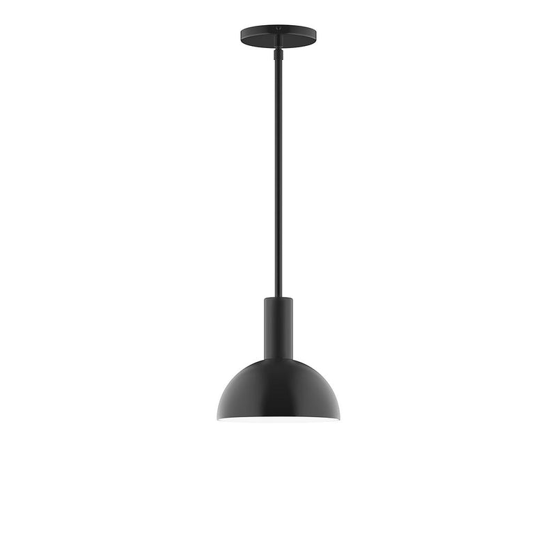 Black stem-hung pendant light with dome shade and round ceiling canopy