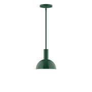 Forest green stem-hung pendant light with dome shade and round ceiling canopy.