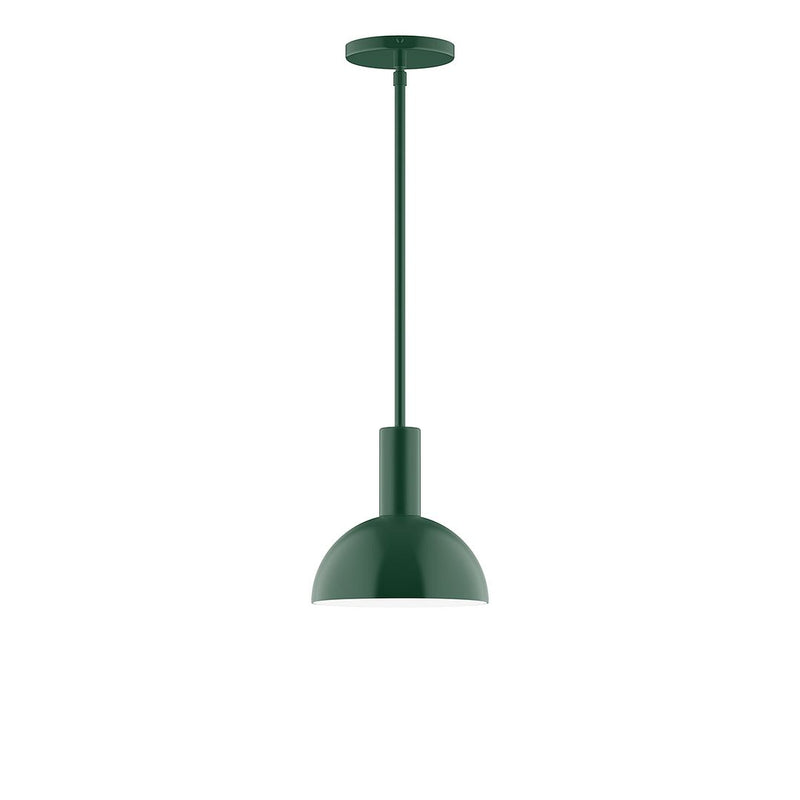 Forest green stem-hung pendant light with dome shade and round ceiling canopy.