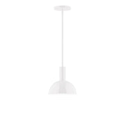 White LED stem-hung pendant light with dome shade and round diffuser