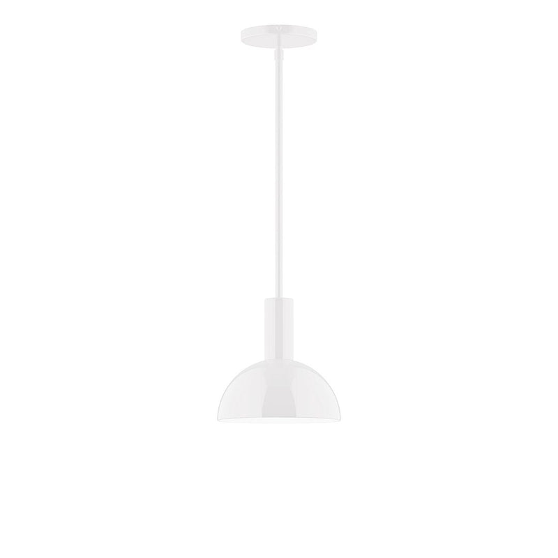 White LED stem-hung pendant light with dome shade and round diffuser