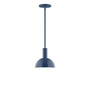 Navy stem-hung pendant light with round canopy and dome shade