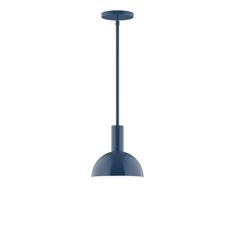 Navy stem-hung pendant light with round canopy and dome shade