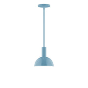 Light blue stem-hung pendant light with dome shade