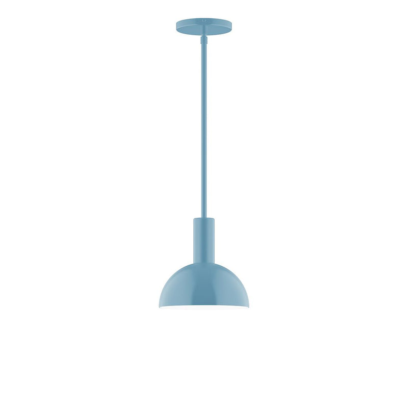 Light blue stem-hung pendant light with dome shade