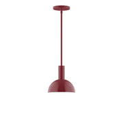 Barn red stem-hung LED pendant with domed glass shade and ceiling canopy
