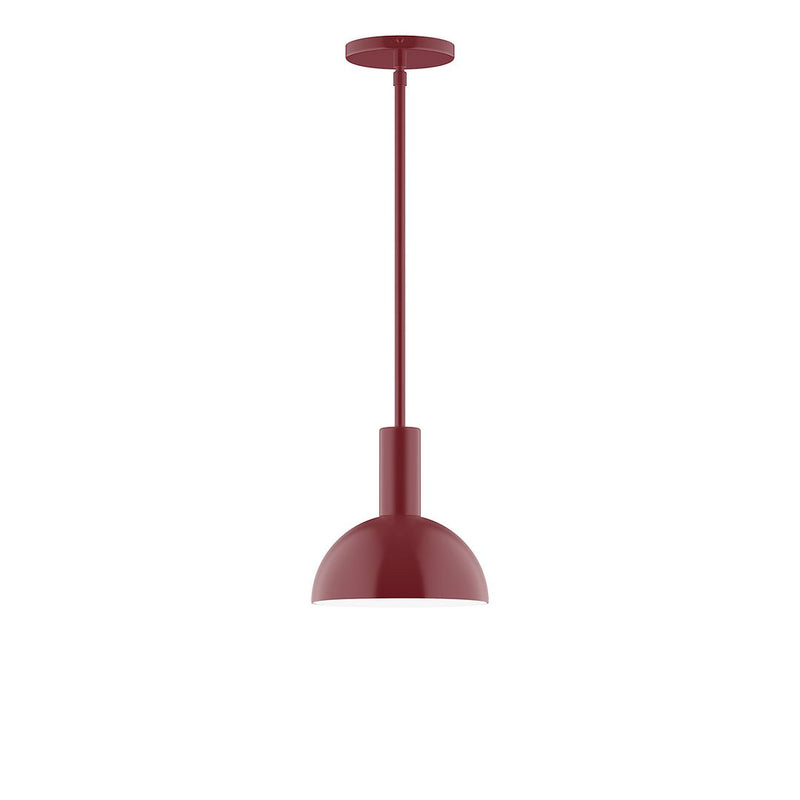 Barn red stem-hung LED pendant with domed glass shade and ceiling canopy