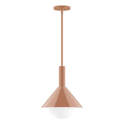 Terracotta stem-hung pendant light with frosted glass globe shade