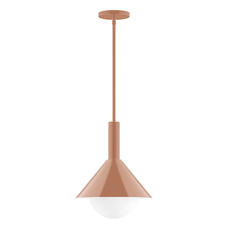 Terracotta stem-hung pendant light with frosted glass globe shade