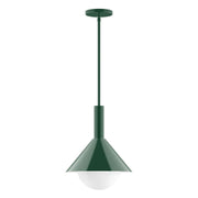 Forest green stem hung pendant with frosted glass globe and flared shade