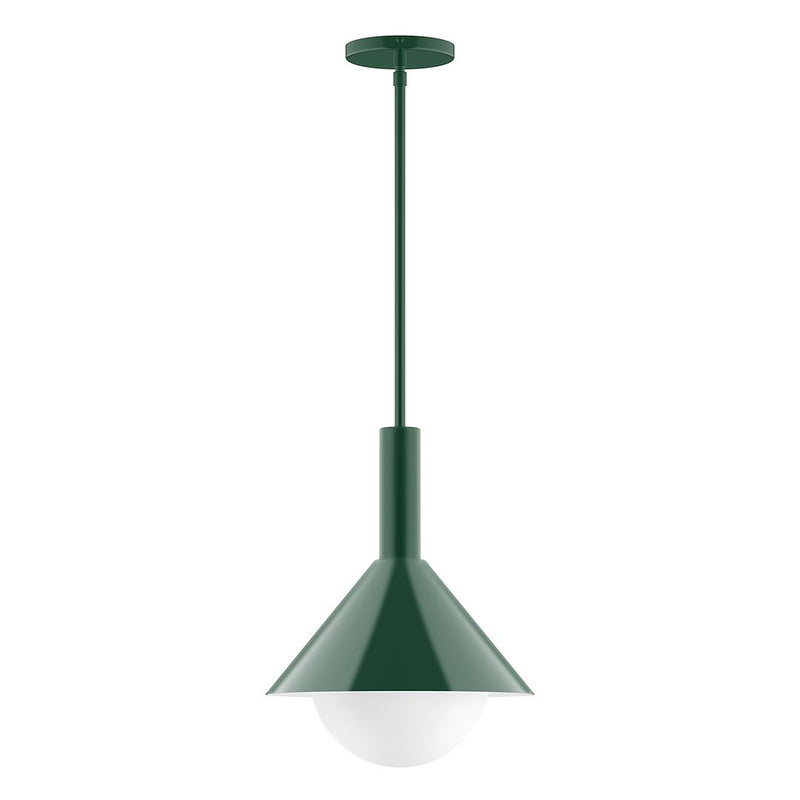 Forest green stem hung pendant with frosted glass globe and flared shade