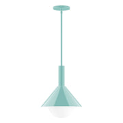 Sea green stem-hung pendant light with frosted glass globe diffuser