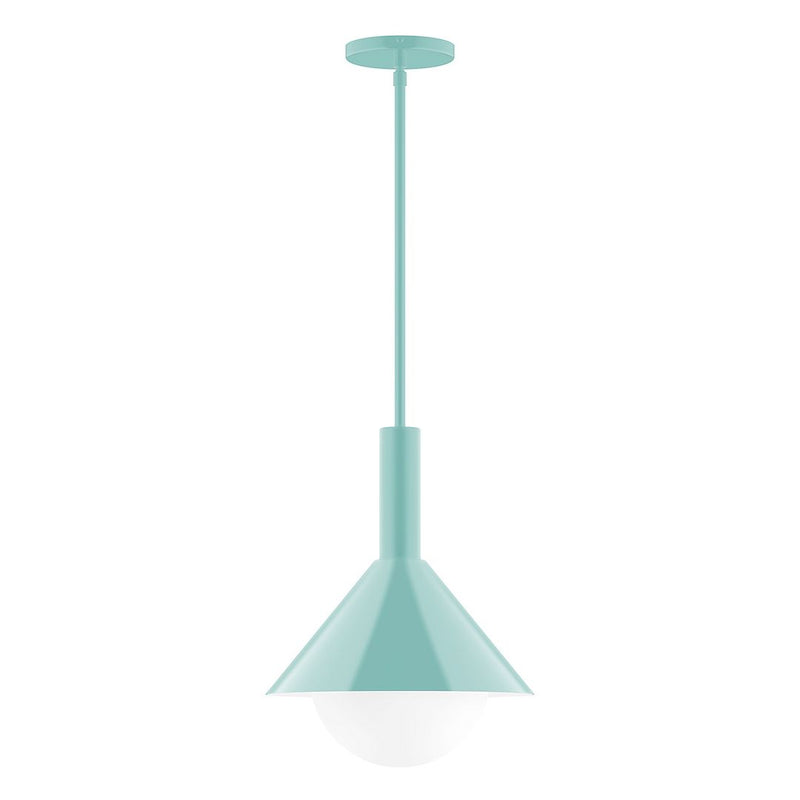 Sea green stem-hung pendant light with frosted glass globe diffuser