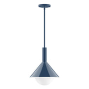Navy stem-hung pendant light with conical shade and frosted glass globe