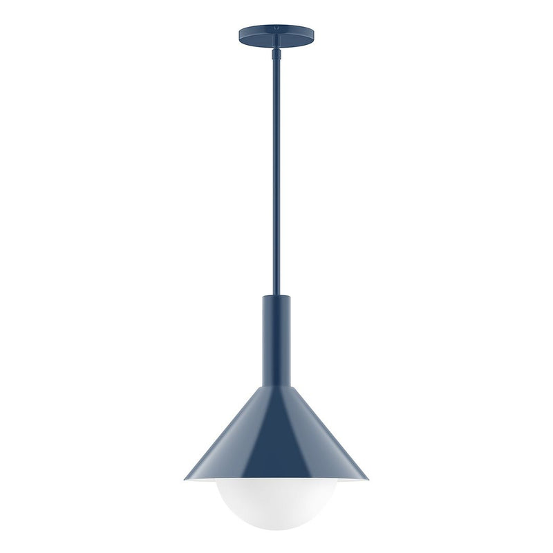 Navy stem-hung pendant light with conical shade and frosted glass globe
