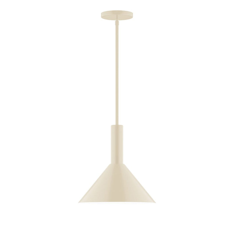 Cream stem-hung pendant light with bell shade and straight downrod