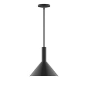 Black stem-hung pendant light with conical shade and round ceiling canopy