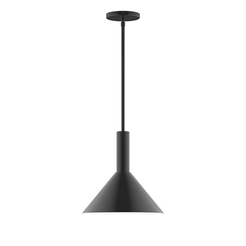 Black stem-hung pendant light with conical shade and round ceiling canopy