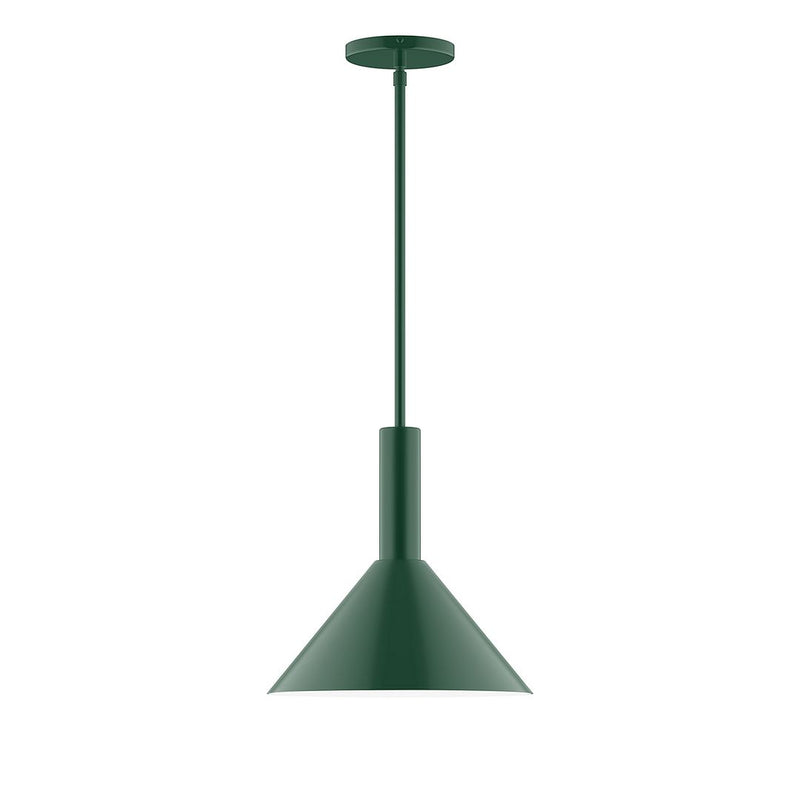 Forest green stem-hung pendant lamp with conical shade and straight canopy