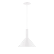 White stem-hung pendant with bell-shaped shade and straight hanging rod