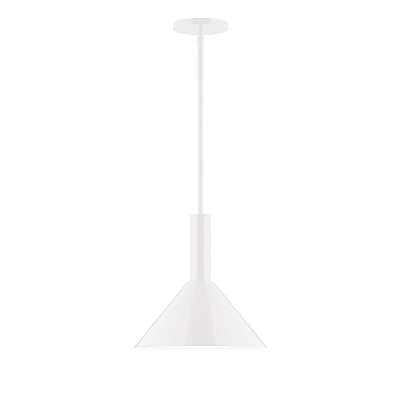 White stem-hung pendant with bell-shaped shade and straight hanging rod