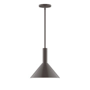 Stem-hung pendant with bronze bell shade and round ceiling canopy.