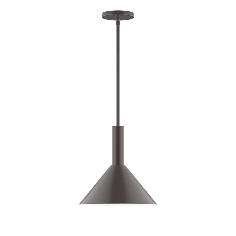 Stem-hung pendant with bronze bell shade and round ceiling canopy.