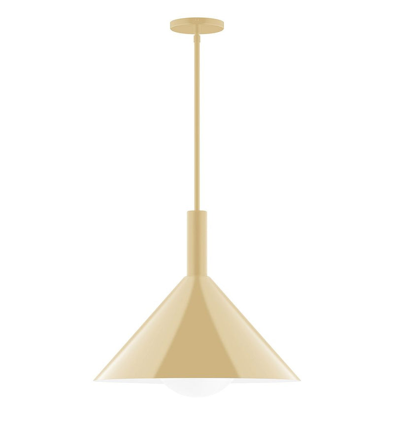Ivory stem-hung pendant light with conical shade and glass globe diffuser