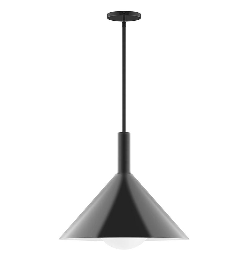 Black stem-hung pendant with frosted glass globe diffuser under a conical shade