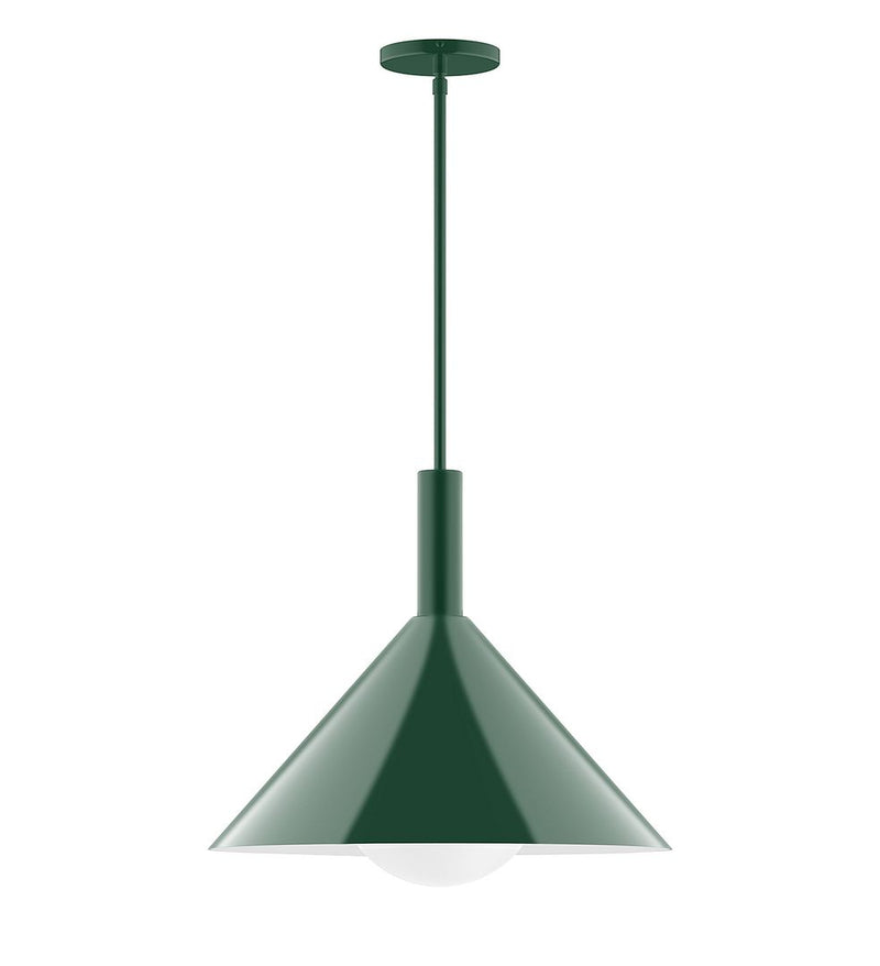 Forest green stem hung pendant with conical shade and frosted glass diffuser
