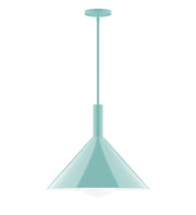 Sea green stem-hung pendant with round canopy and flared glass shade