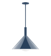 Navy stem-hung pendant with bell shade and frosted glass globe
